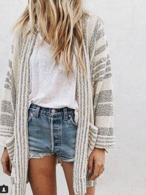 Ascot + Hart Lovestitch Baja Beach Cardigan Ecru Stripe Womens Size S/M Pockets